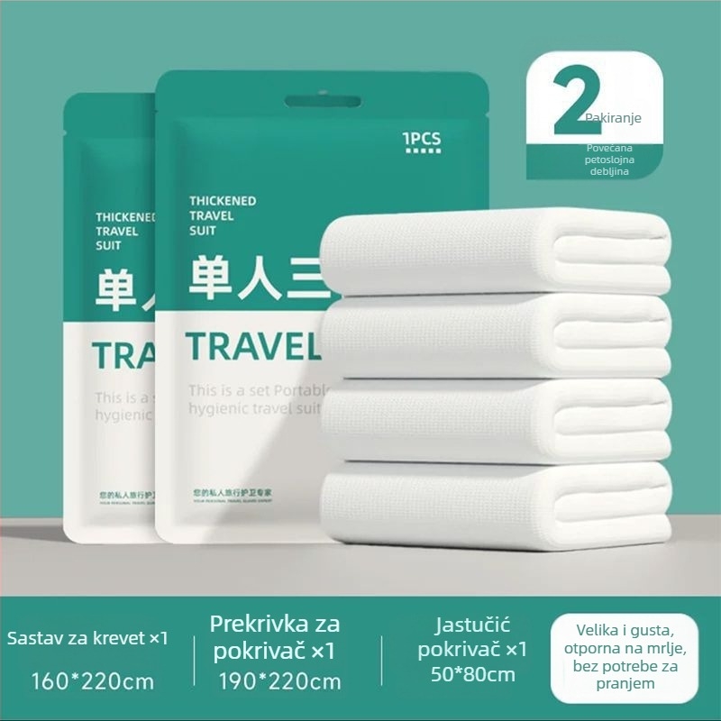 Jednokratni četverodijelni set posteljine za putovanja i vlakova ležaja: plahta, navlaka za pokrivač, navluke za jastuke, vreća za spavanje