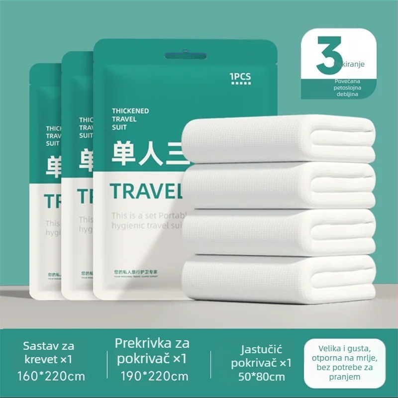 Jednokratni četverodijelni set posteljine za putovanja i vlakova ležaja: plahta, navlaka za pokrivač, navluke za jastuke, vreća za spavanje