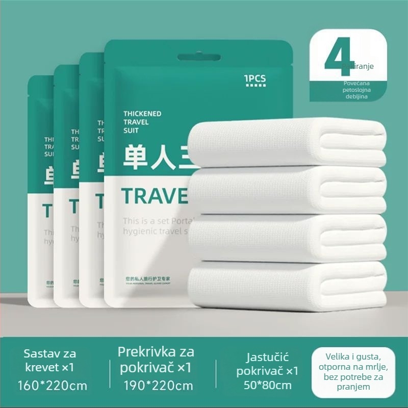 Jednokratni četverodijelni set posteljine za putovanja i vlakova ležaja: plahta, navlaka za pokrivač, navluke za jastuke, vreća za spavanje