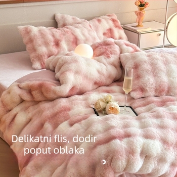Set posteljine od mliječne velur s krznom z kunića, četverodjelni set za jesen-zimu, s coral fleece plahtama i navlakom za deku