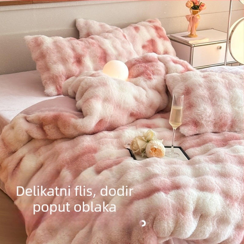 Set posteljine od mliječne velur s krznom z kunića, četverodjelni set za jesen-zimu, s coral fleece plahtama i navlakom za deku