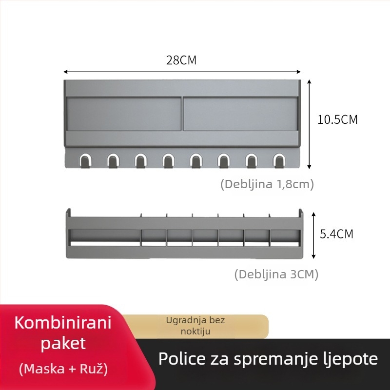 Zidni plastični trostupanjski stalak za kozmetiku i ruževe, na vratima kupaonskog ogledala