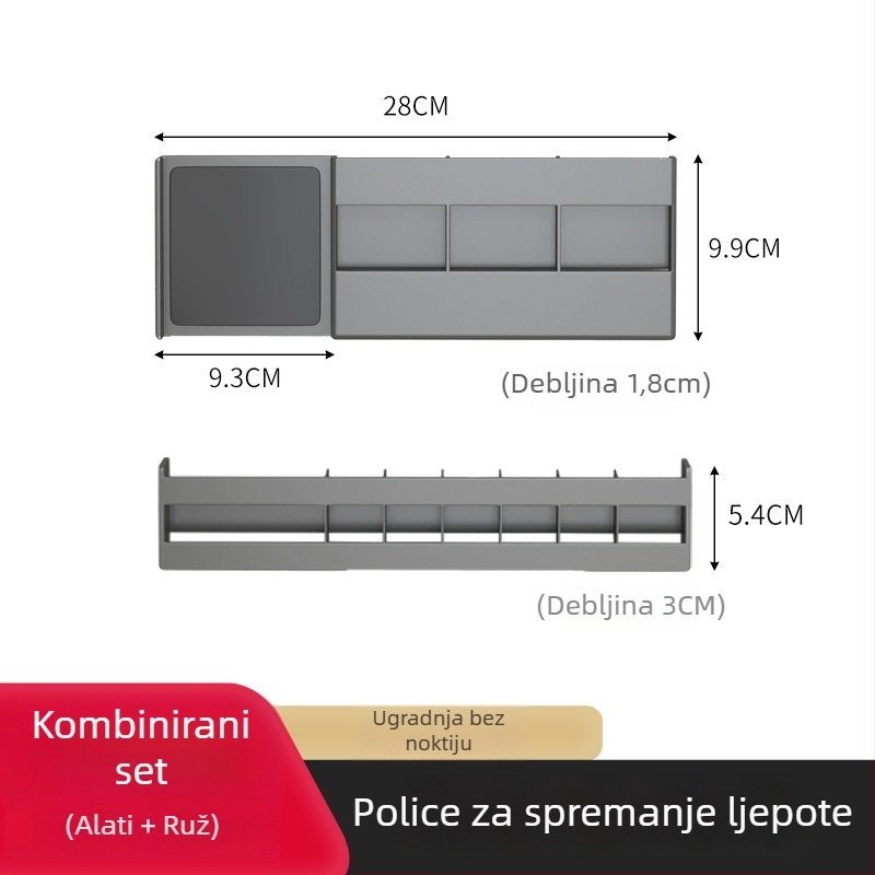 Zidni plastični trostupanjski stalak za kozmetiku i ruževe, na vratima kupaonskog ogledala