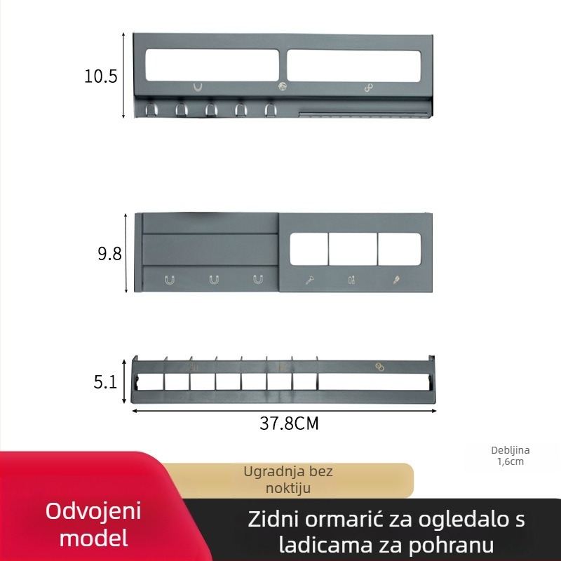 Zidni plastični trostupanjski stalak za kozmetiku i ruževe, na vratima kupaonskog ogledala