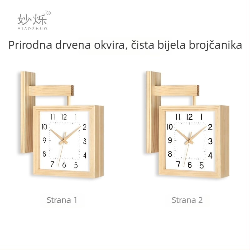 Zidni sat, dvostrani, masivno drvo, minimalistički dizajn, baterijsko napajanje, tiho kretanje sekunde