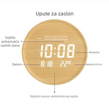 LED zidni sat u skandinavskom stilu, bez bušenja, okrugli, s termometrom, prikazom 24 sati, dana u tjednu i mjeseca, dekorativan za dnevni boravak