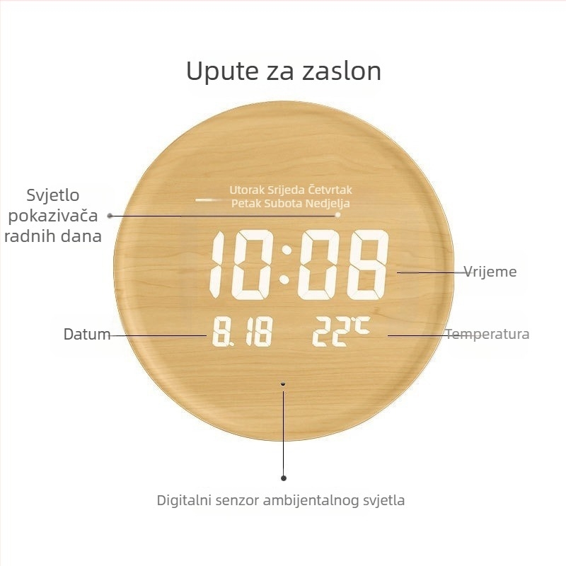 LED zidni sat u skandinavskom stilu, bez bušenja, okrugli, s termometrom, prikazom 24 sati, dana u tjednu i mjeseca, dekorativan za dnevni boravak