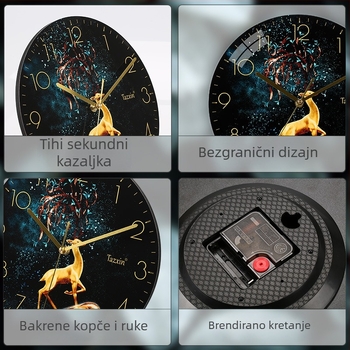 Kružni zidni sat s cifrom od kristalnog porculana na MDF ploči, kvarcni mehanizam, moderan dizajn.