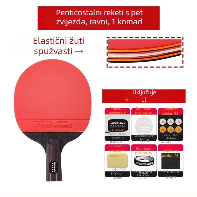 Raketa za stolni tenis: direktan udarac, PE ploča, guma s dugim ljepilom, prilagodljivo, tiskani logotip