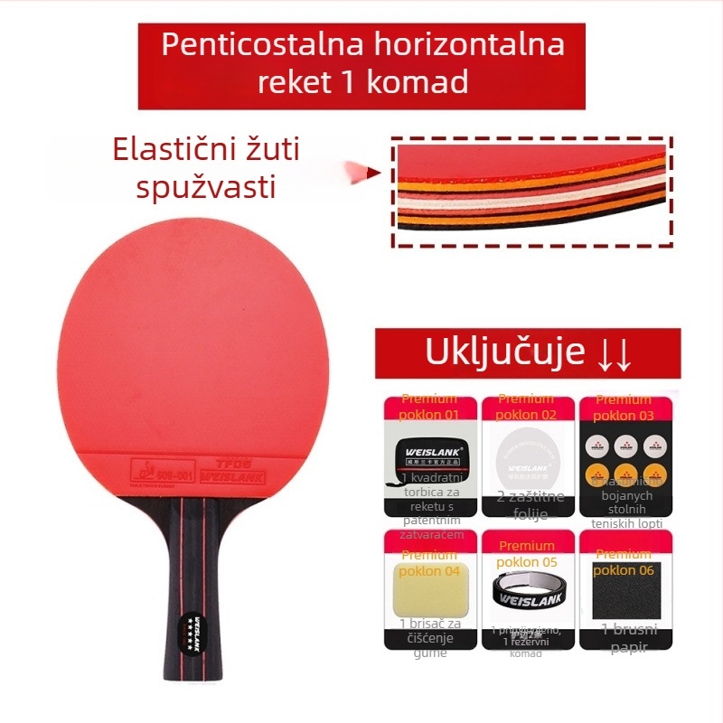Raketa za stolni tenis: direktan udarac, PE ploča, guma s dugim ljepilom, prilagodljivo, tiskani logotip