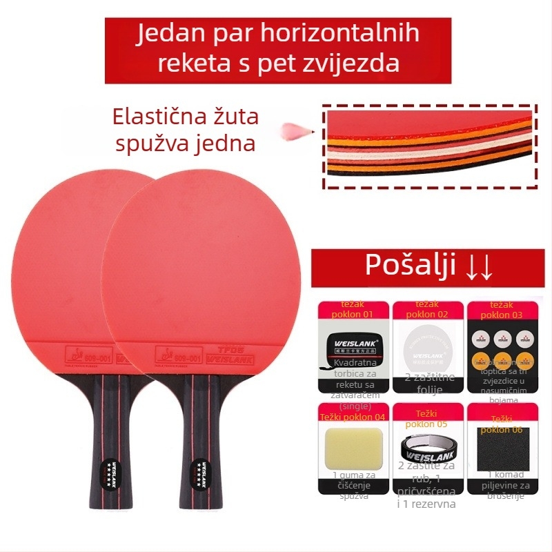 Raketa za stolni tenis: direktan udarac, PE ploča, guma s dugim ljepilom, prilagodljivo, tiskani logotip