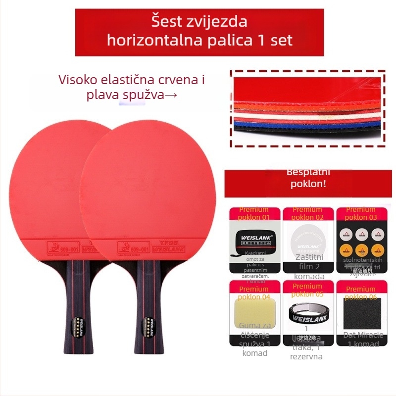 Raketa za stolni tenis: direktan udarac, PE ploča, guma s dugim ljepilom, prilagodljivo, tiskani logotip