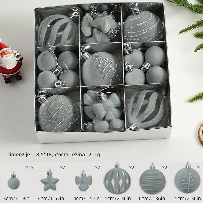 Božićne kuglice za ukrašavanje drveta, baršunasto flokirane i obojene (Značka: Art exhibition; Materijal: plastika; Stil: lagani luksuz; Ručna izrada: sitotisak)