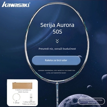 Kawasaki Aurora 50s badminton raketa, cijeli karbonski okvir, težina 85-89 g, G5 držač, neposredan udarac, nylon žice