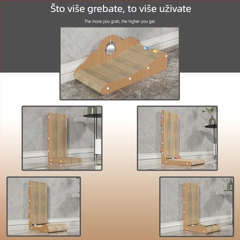 Mačja grebalica u L-oblika, velika, vertikalna, s kuglicom za igru, otporna na habanje, od valovitog papira