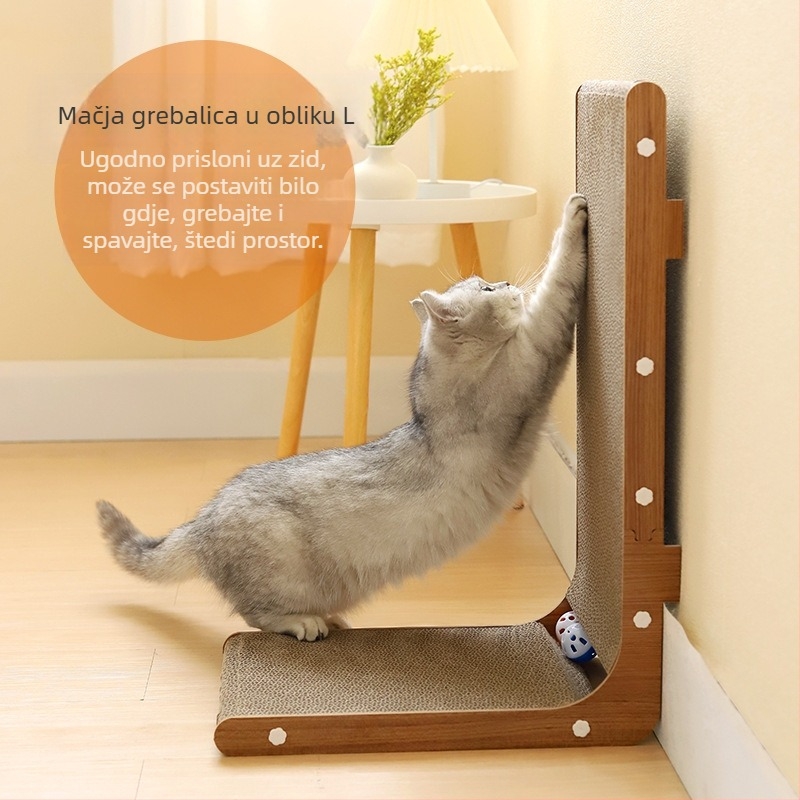 Mačja grebalica u L-oblika, velika, vertikalna, s kuglicom za igru, otporna na habanje, od valovitog papira
