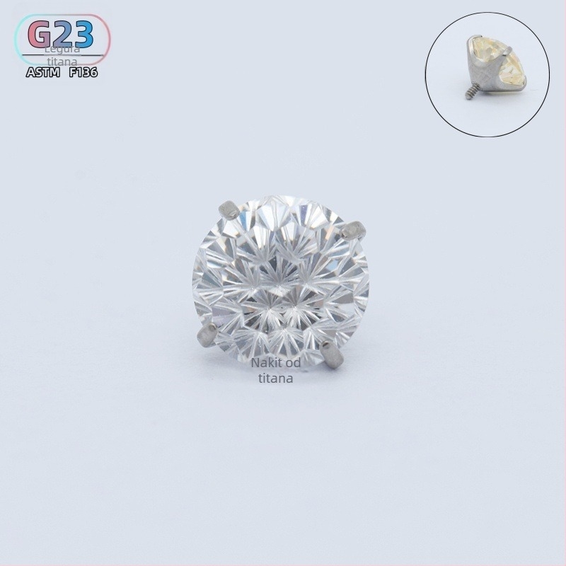 F136 titanijski spoj – naušnica s šiljkom, cirkon, unutarnji navoj, G23 titan, promjer 0,9 mm