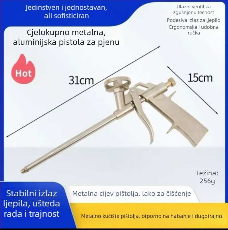Potpuno metalna pištolj za pjenu bez čišćenja, produženi nastavak, za poliuretanski pjenu brtvljenje vrata i prozora