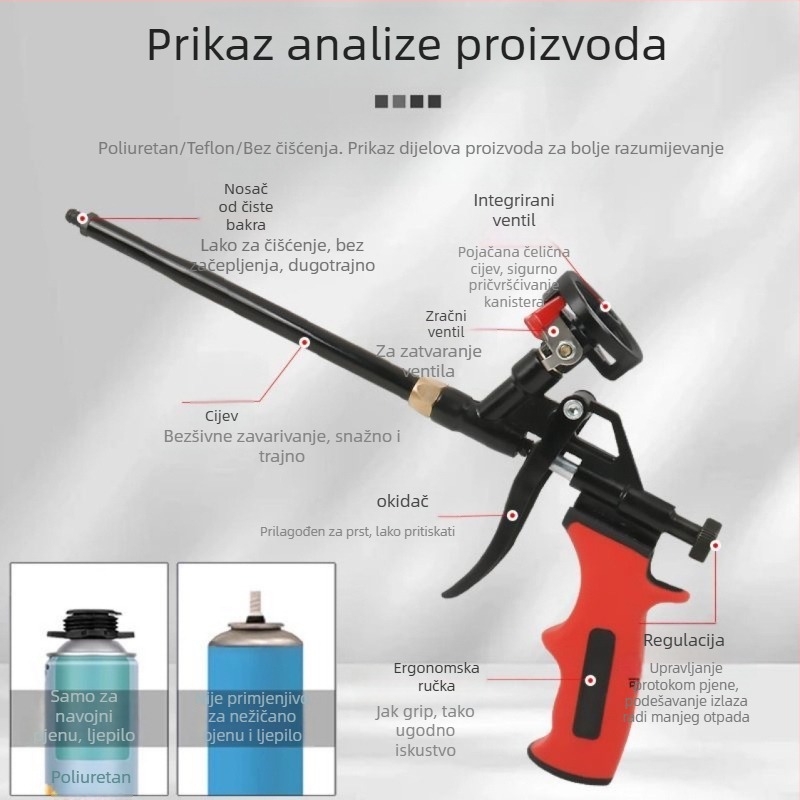 Potpuno metalna pištolj za pjenu bez čišćenja, produženi nastavak, za poliuretanski pjenu brtvljenje vrata i prozora