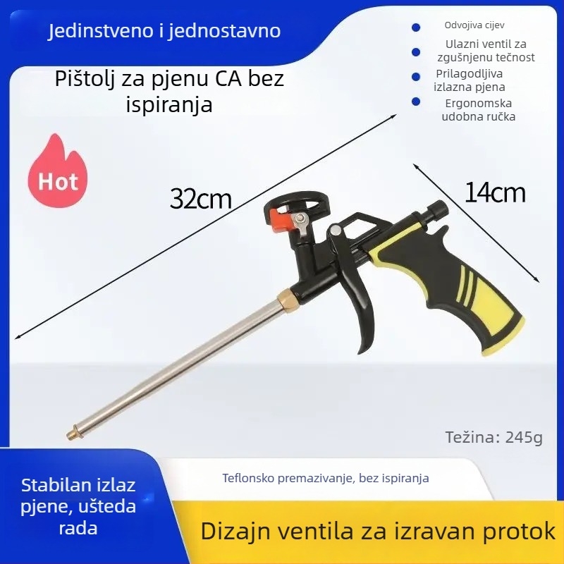Potpuno metalna pištolj za pjenu bez čišćenja, produženi nastavak, za poliuretanski pjenu brtvljenje vrata i prozora