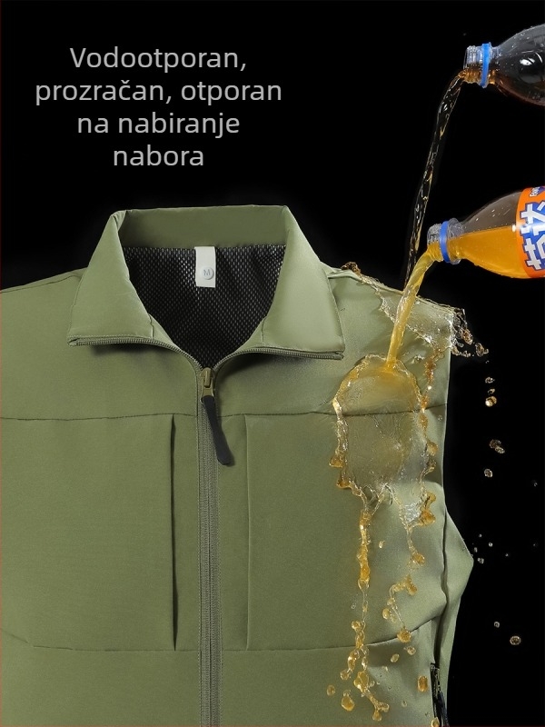 Muški radni prsluk s više džepova, stojeći ovratnik, prednji zatvarač, ležerni kardigan kroj, poliester materijal