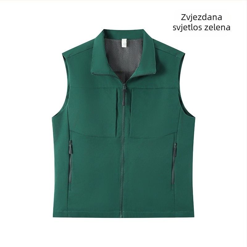 Muški radni prsluk s više džepova, stojeći ovratnik, prednji zatvarač, ležerni kardigan kroj, poliester materijal