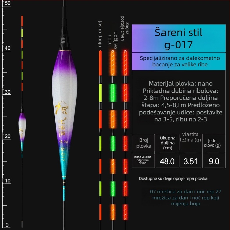 Ogroman plovak za ribolov sa luminescencijom, debelim repom, perlicama i indikatorom ugriza koji mijenja boju, za dnevnu i noćnu upotrebu