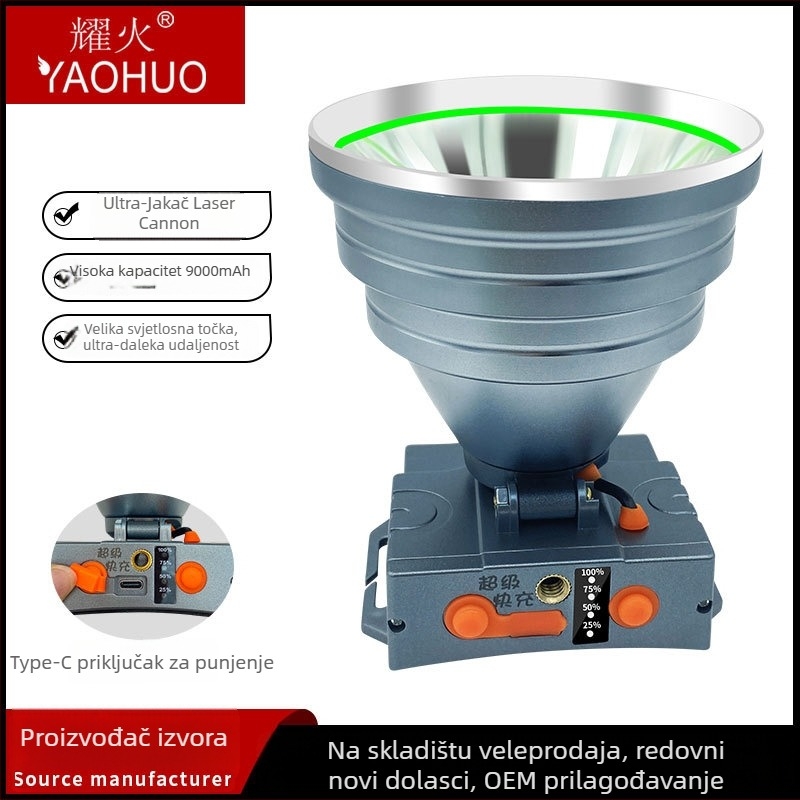 Čelna LED lampica visoke snage, ABS kućište, 300–500W, 9000mAh baterija, domet 200–500m, punjiva