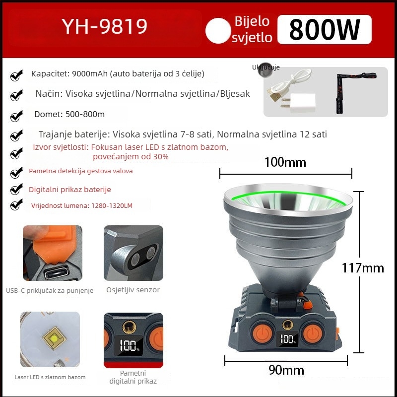 Čelna LED lampica visoke snage, ABS kućište, 300–500W, 9000mAh baterija, domet 200–500m, punjiva