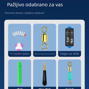Set ribolovnih dodataka: udice, najlon, spacer perle, olovne težine i prstenovi u obliku osmine — sve u jednoj kutiji
