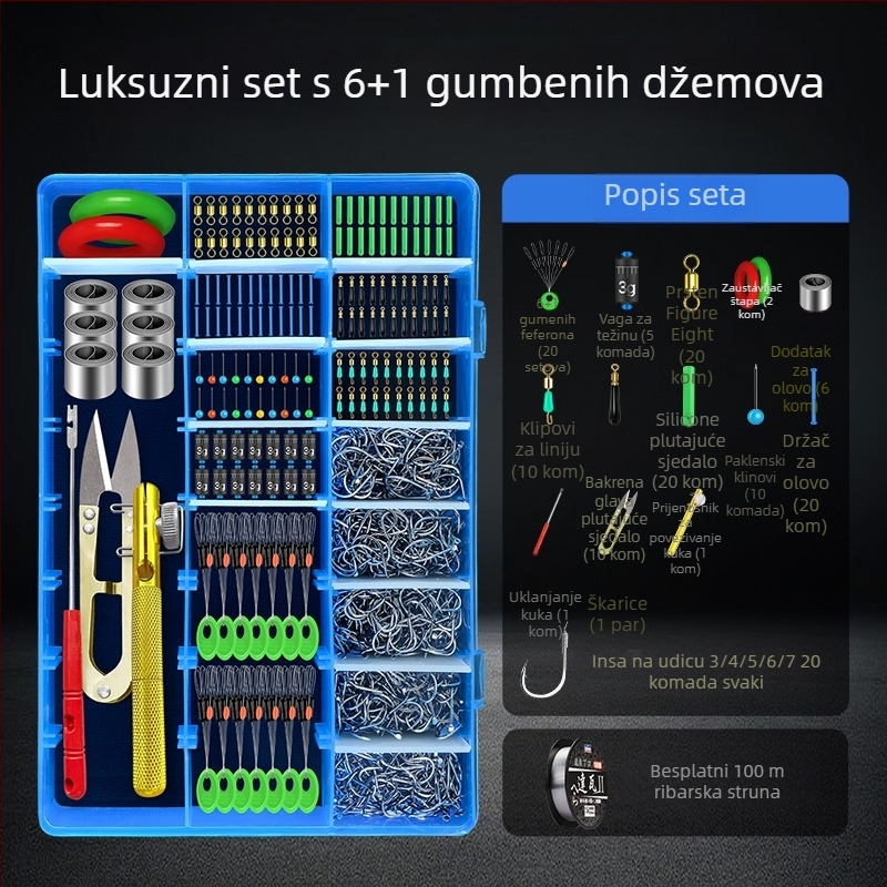 Set ribolovnih dodataka: udice, najlon, spacer perle, olovne težine i prstenovi u obliku osmine — sve u jednoj kutiji