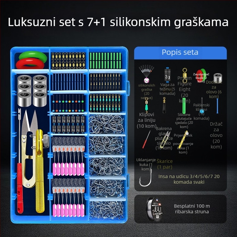 Set ribolovnih dodataka: udice, najlon, spacer perle, olovne težine i prstenovi u obliku osmine — sve u jednoj kutiji