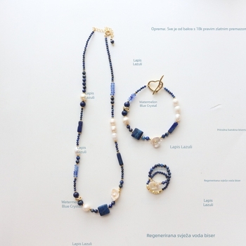 Ručno izrađena kolekcija nakita: Ogrlica od lapis lazuli s prirodnim kamenim biserima, akcenti od slatkovodnih bisera, O-lanac, duljina 41-50 cm, originalni dizajn
