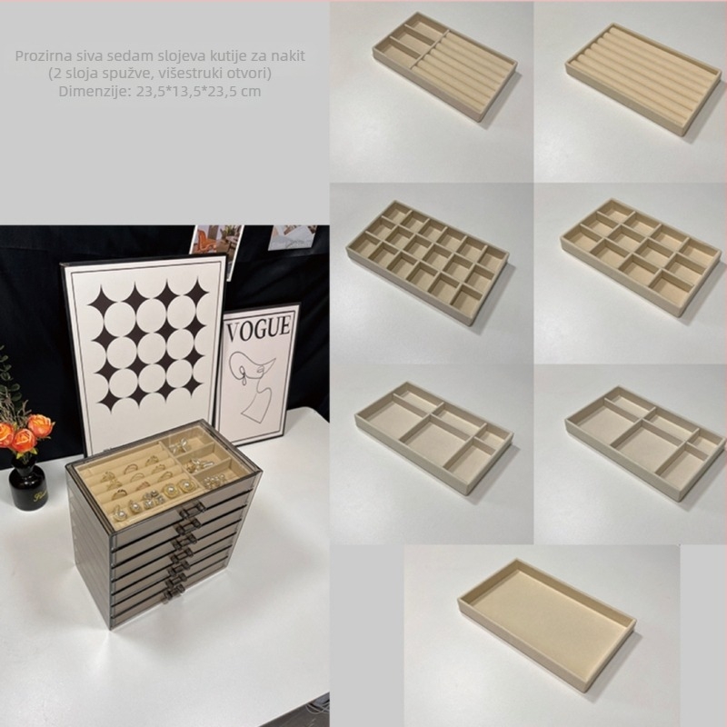 Kutija za nakit sa 7 slojeva, veliki kapacitet za naušnice i ogrlice, stolna pohrana, otporna na prašinu i vlagu, plastična, jednostavan moderni dizajn