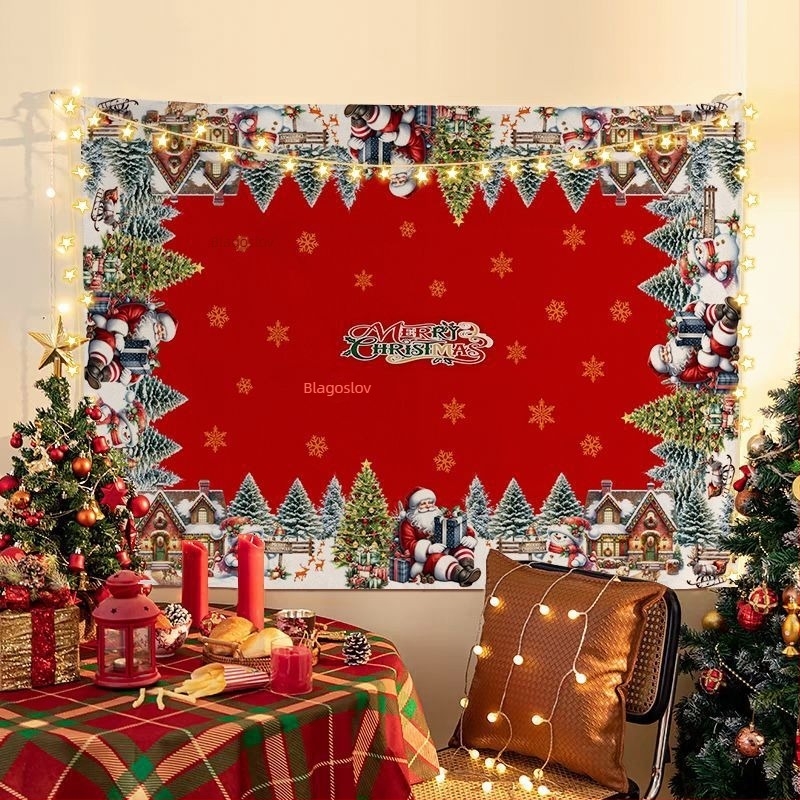 Tapiserija za božićno pozadinu, pliš materijal, krajolik uzorak, nordijski stil, digitalni toplinski prijenos tiska