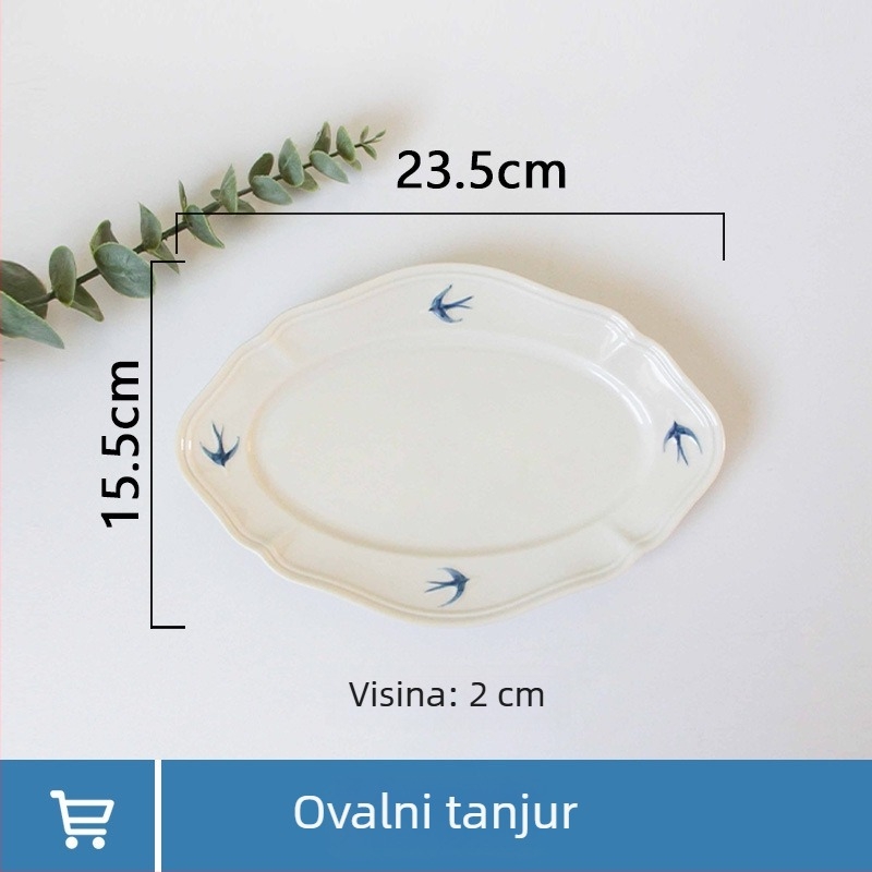 Porcelanski tanjur s reljefom lastavice – nepravilnog oblika, moderan minimalistički stil, pogodan za mikrovalnu pećnicu