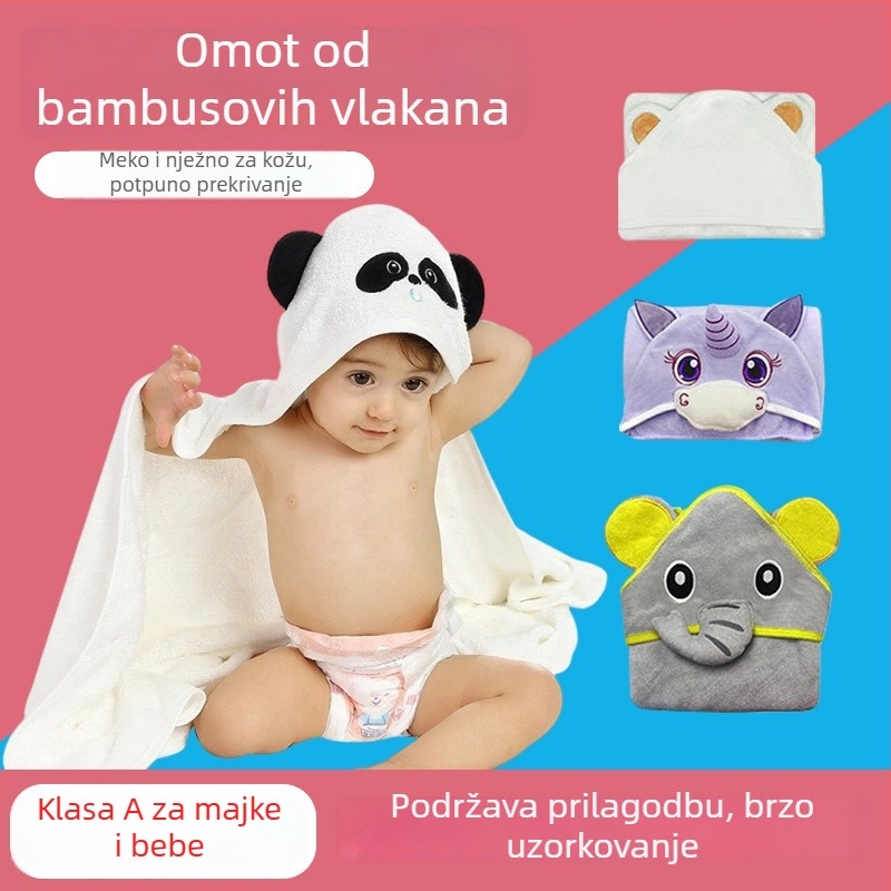 Prilagođeni dječji ručnik za kupanje od bambusovih vlakana, debeli, s kapuljačom i crtani motiv