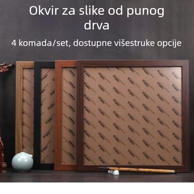 Set od 4 okvira za slikanje od čvrstog drveta/kompozita, za slikanje na rižin papir, kvadratni kutovi, zidni montažni bez bušenja, za tradicionalnu kinesku sliku i kaligrafiju, s 50 križnih kartonskih umetaka