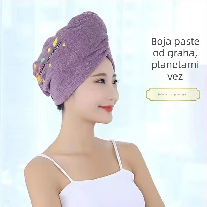 Koralni velur ženska kupanje kapa s šivanim uzorkom, upija i brzo se suši za dugu kosu, turbanski dizajn s motivom crtani film