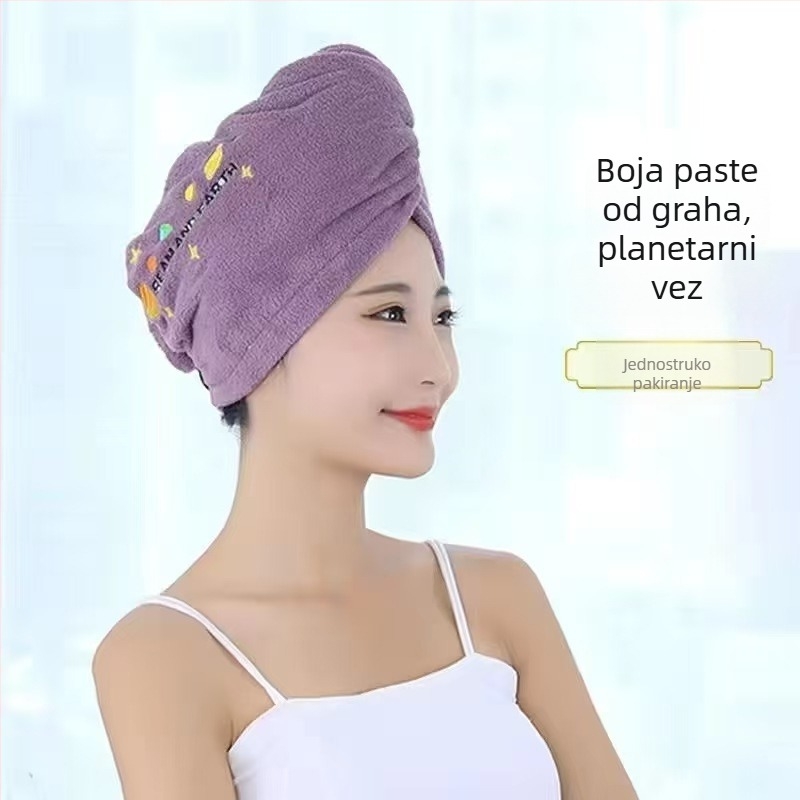 Koralni velur ženska kupanje kapa s šivanim uzorkom, upija i brzo se suši za dugu kosu, turbanski dizajn s motivom crtani film