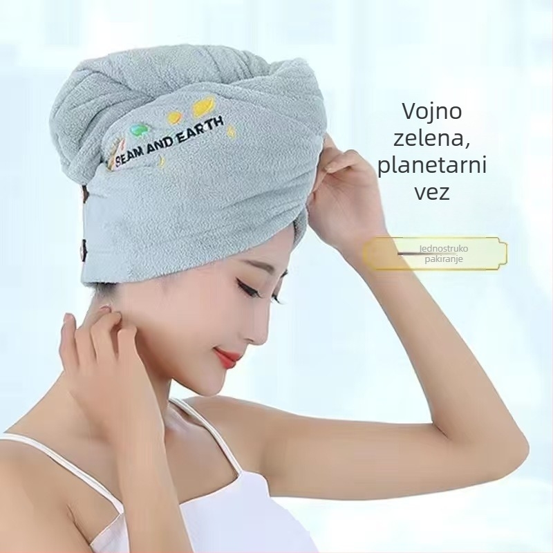 Koralni velur ženska kupanje kapa s šivanim uzorkom, upija i brzo se suši za dugu kosu, turbanski dizajn s motivom crtani film