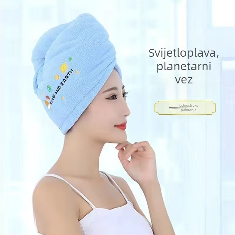 Koralni velur ženska kupanje kapa s šivanim uzorkom, upija i brzo se suši za dugu kosu, turbanski dizajn s motivom crtani film
