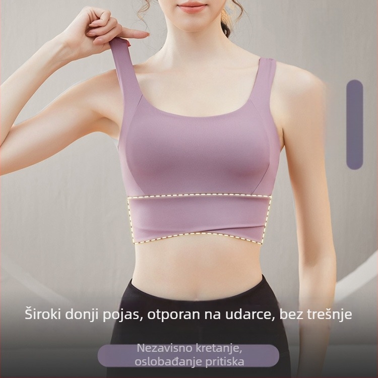 Grudnjak za jogu s umetkom za dojke, fiksne dvostruke naramenice, puni košarica s tankim oblikovanim košaricama, najlon materijal, prozračna potpora leđa