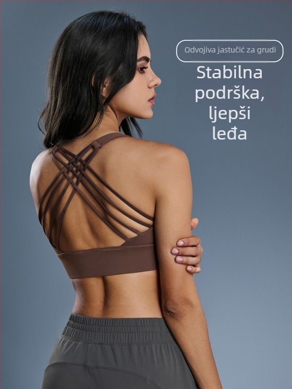 Ženski sportski grudnjak visokog podržavanja s križnim leđima, push-up efekt, pune košarice, srednje oblikovane košarice, fiksni dvostruki remeni; najlon-elastanska smjesa.