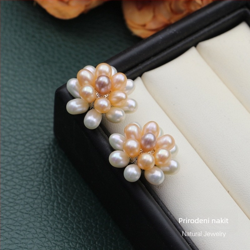 Naušnice od prirodnih slatkovodnih bisera, ručno pletene kuglice u obliku cvijeta, popcorn stil nakita