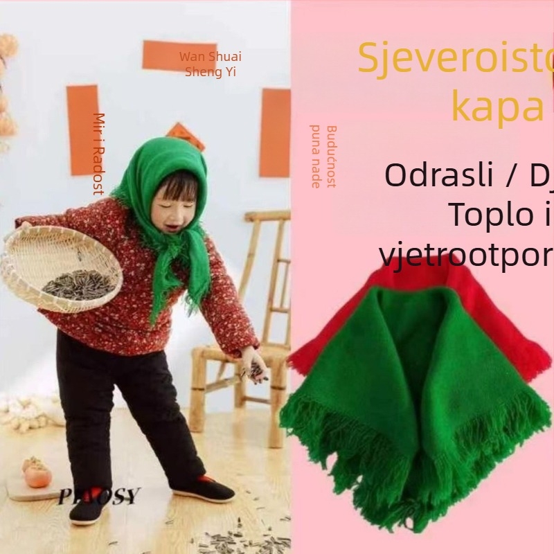 Kvadratni šal za glavu od vune/akrila, za fotografiranje — Nostalgijski seoski stil, proljeće