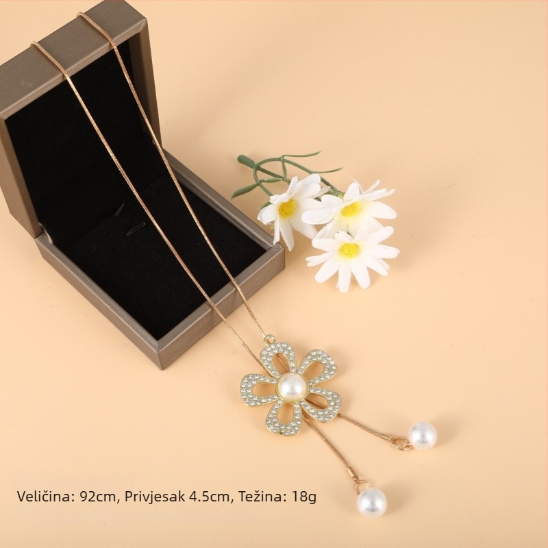 Korejskog stila duga ogrlica za pulover s cvjetnim motivom, lanac od legure s kuglicama, karirani uzorak