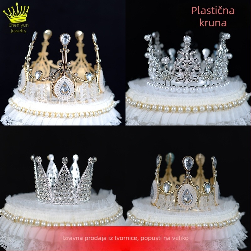 Europska kraljevska kruna za ukrašavanje torte – plastična/živična kruna s Rhinestone kristalima, elektroplatirana, unisex dodatak za vjenčanje, rođendan, festival