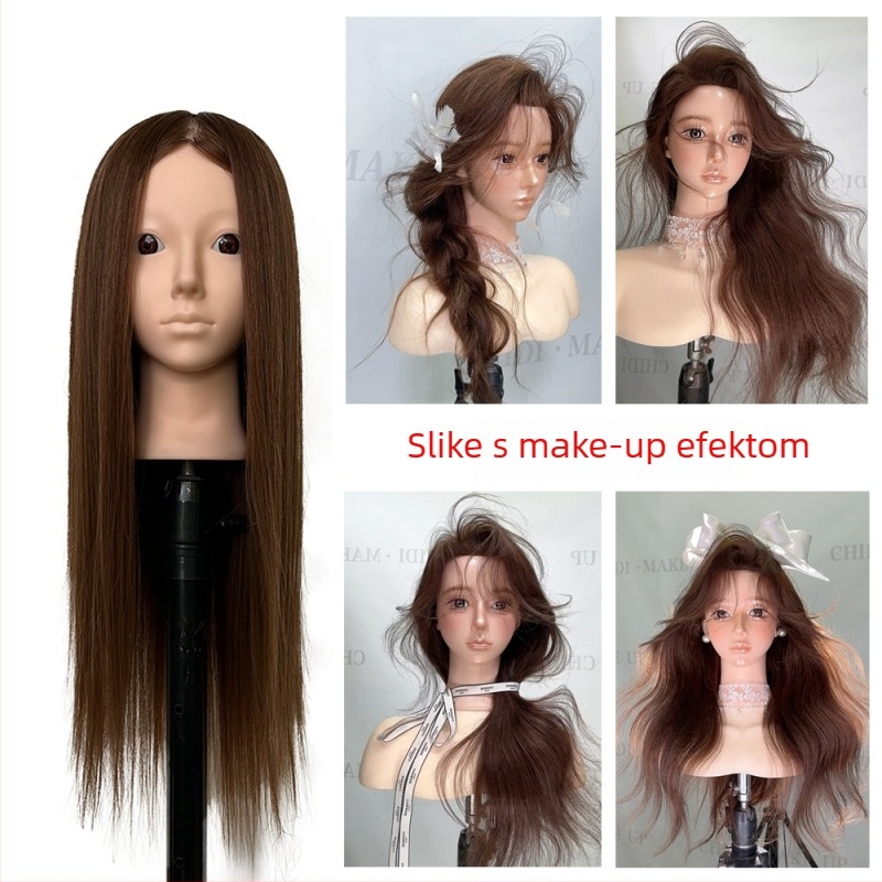 XY-004 Model glave za wig za praksu friziranja, kosa od mješovitih vlakana, duga ravna kosa s šiškama (ravnom ili kosom), srednje-duga duljina