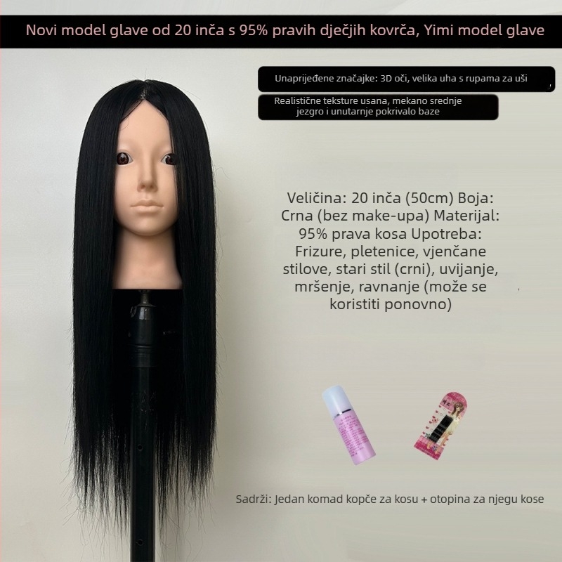 XY-004 Model glave za wig za praksu friziranja, kosa od mješovitih vlakana, duga ravna kosa s šiškama (ravnom ili kosom), srednje-duga duljina
